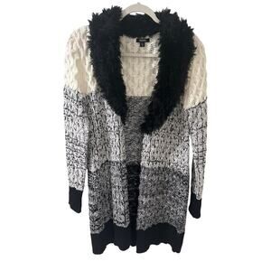 XOXO Y2K Faux Fur Collar Longline Knit Open Front Sweater Cabin Core, size M